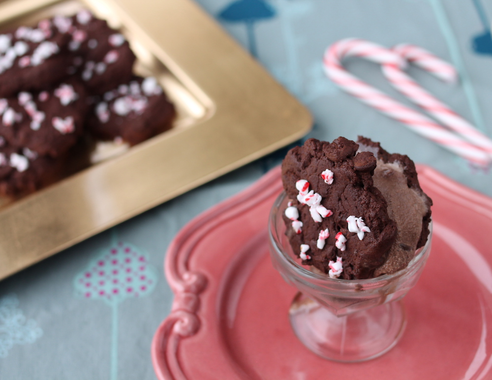 chocolate cookies with peppermint chunks and chocolate peppermint ice cream sandwich
