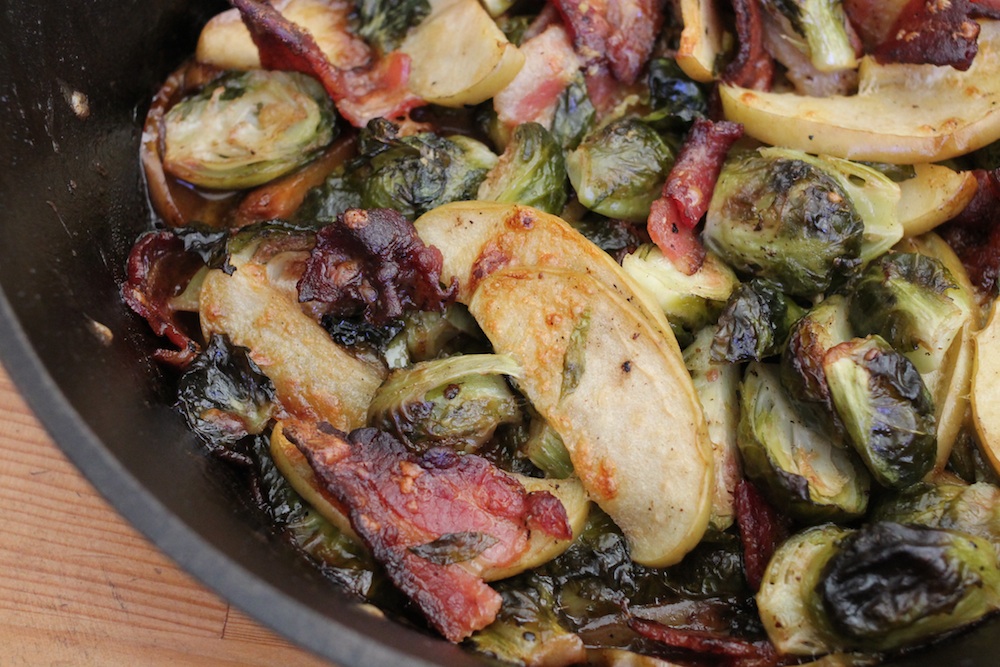 brussels sprouts bacon cheddar apple gratin