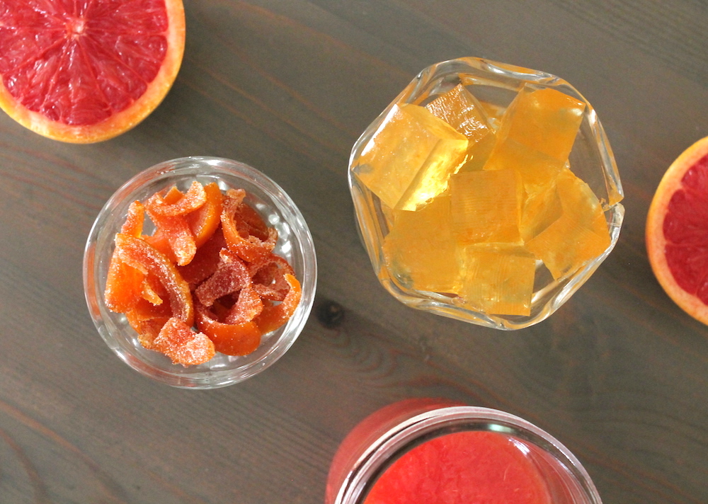 grapefruit, grapefruit juice, candied grapefruit peels, and grapefruit gelatin